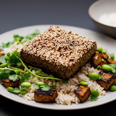 Asian-Style Veggie Bowl: Sesame Crusted Tofu, Vegetables, and Fresh Cilantro